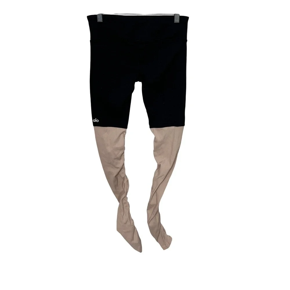 Alo Yoga Goddess Leggings Women Small Black‎ Pink Ribbed Knit Stirrup Activewear